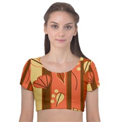 Amber Yellow Stripes Leaves Floral Velvet Short Sleeve Crop Top  by Mariart