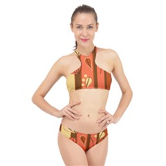 Amber Yellow Stripes Leaves Floral High Neck Bikini Set