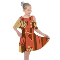 Amber Yellow Stripes Leaves Floral Kids  Shoulder Cutout Chiffon Dress by Mariart