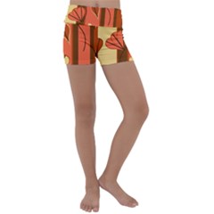 Amber Yellow Stripes Leaves Floral Kids  Lightweight Velour Yoga Shorts