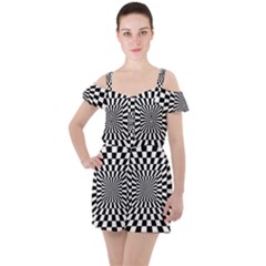 Optical Illusion Chessboard Tunnel Ruffle Cut Out Chiffon Playsuit by Pakrebo