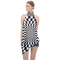 Optical Illusion Chessboard Tunnel Halter Asymmetric Satin Top