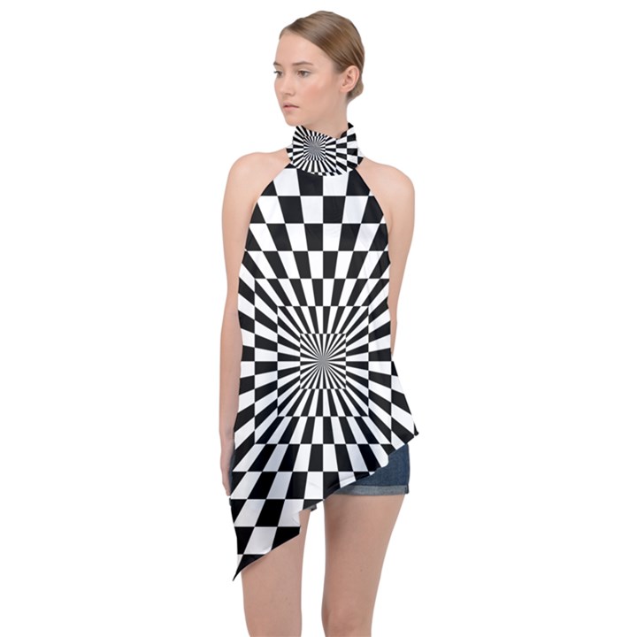 Optical Illusion Chessboard Tunnel Halter Asymmetric Satin Top