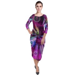 Fractal Circles Abstract Quarter Sleeve Midi Velour Bodycon Dress