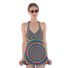 Psychedelic Colours Vibrant Rainbow Halter Dress Swimsuit  by Pakrebo