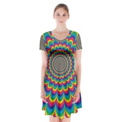 Psychedelic Colours Vibrant Rainbow Short Sleeve V-neck Flare Dress by Pakrebo