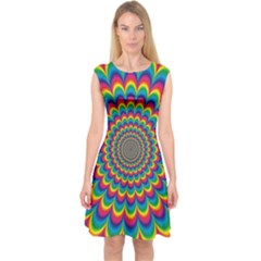 Psychedelic Colours Vibrant Rainbow Capsleeve Midi Dress