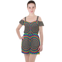 Psychedelic Colours Vibrant Rainbow Ruffle Cut Out Chiffon Playsuit by Pakrebo