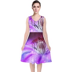 Clematis Structure Close Up Blossom V-neck Midi Sleeveless Dress  by Pakrebo