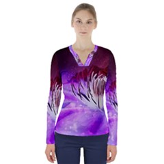 Clematis Structure Close Up Blossom V-neck Long Sleeve Top by Pakrebo