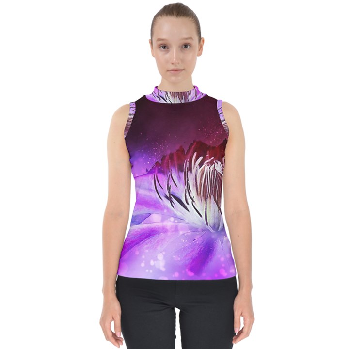 Clematis Structure Close Up Blossom Mock Neck Shell Top