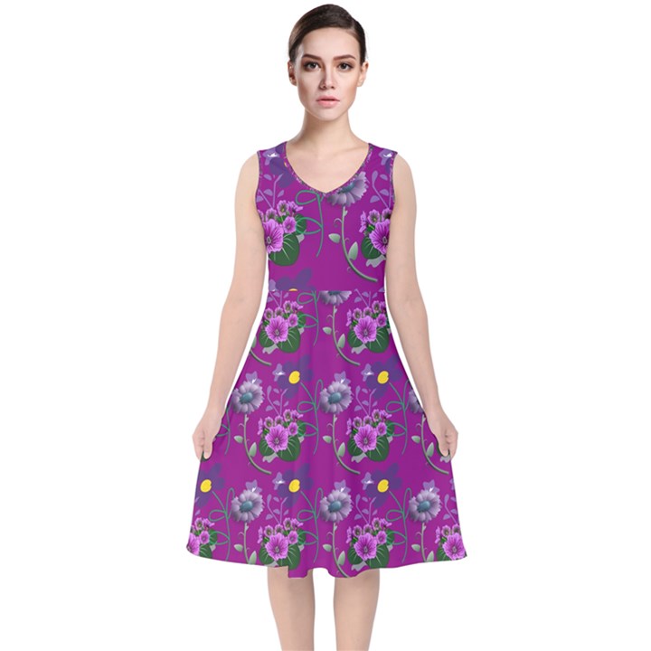 Flower Background Wallpaper V-Neck Midi Sleeveless Dress 