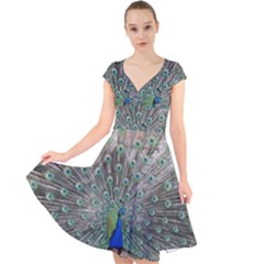 Peacock Bird Animal Feather Cap Sleeve Front Wrap Midi Dress by Pakrebo