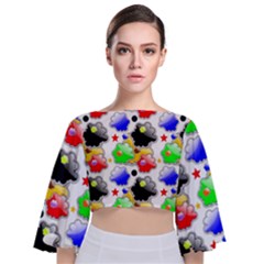 Pattern Background Wallpaper Design Tie Back Butterfly Sleeve Chiffon Top