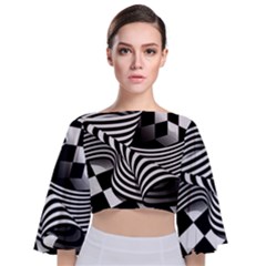 Op Art Black White Drawing Tie Back Butterfly Sleeve Chiffon Top