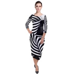 Op Art Black White Drawing Quarter Sleeve Midi Velour Bodycon Dress