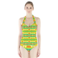 Birds Beach Sun Abstract Pattern Halter Swimsuit by Pakrebo