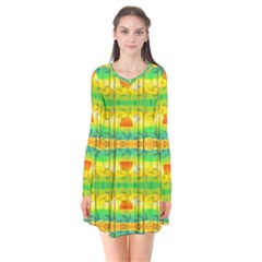 Birds Beach Sun Abstract Pattern Long Sleeve V-neck Flare Dress