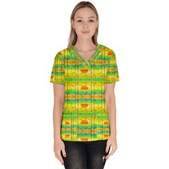 Birds Beach Sun Abstract Pattern Women s V-neck Scrub Top by Pakrebo