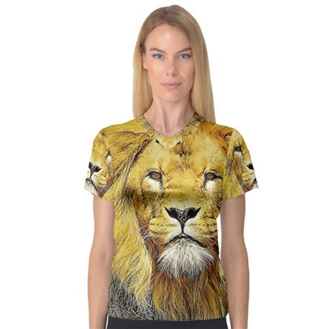 Lion Lioness Wildlife Hunter V-neck Sport Mesh Tee by Pakrebo