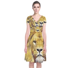 Lion Lioness Wildlife Hunter Short Sleeve Front Wrap Dress by Pakrebo