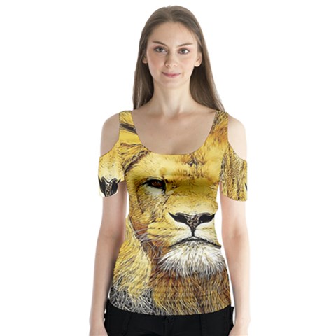 Lion Lioness Wildlife Hunter Butterfly Sleeve Cutout Tee  by Pakrebo