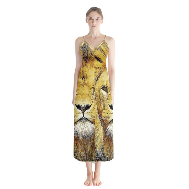 Lion Lioness Wildlife Hunter Button Up Chiffon Maxi Dress