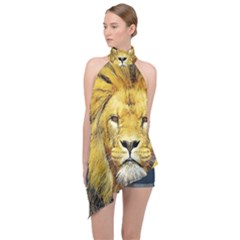 Lion Lioness Wildlife Hunter Halter Asymmetric Satin Top by Pakrebo