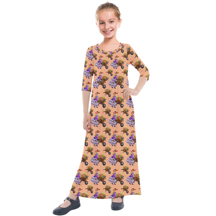 Flowers Girl Barrow Wheel Barrow Kids  Quarter Sleeve Maxi Dress