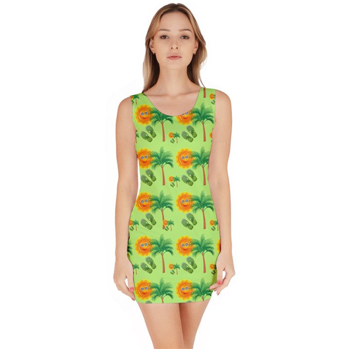 Holiday Tropical Smiley Face Palm Bodycon Dress