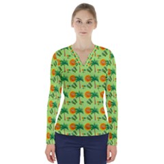 Holiday Tropical Smiley Face Palm V-neck Long Sleeve Top by Pakrebo