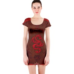 Awesome Chinese Dragon, Red Colors Short Sleeve Bodycon Dress by FantasyWorld7