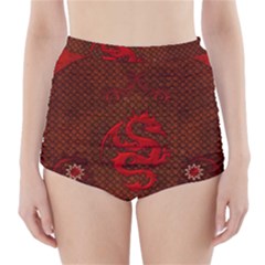 Awesome Chinese Dragon, Red Colors High-waisted Bikini Bottoms by FantasyWorld7