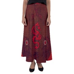 Awesome Chinese Dragon, Red Colors Flared Maxi Skirt by FantasyWorld7