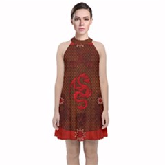 Awesome Chinese Dragon, Red Colors Velvet Halter Neckline Dress 