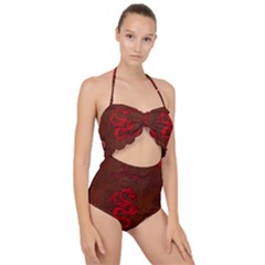 Awesome Chinese Dragon, Red Colors Scallop Top Cut Out Swimsuit by FantasyWorld7