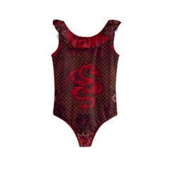 Awesome Chinese Dragon, Red Colors Kids  Frill Swimsuit by FantasyWorld7