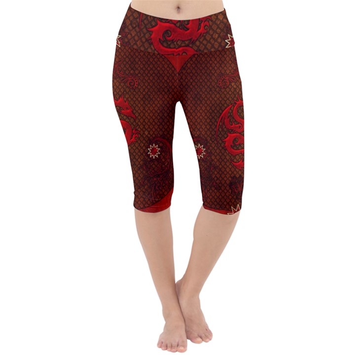 Awesome Chinese Dragon, Red Colors Lightweight Velour Cropped Yoga Leggings