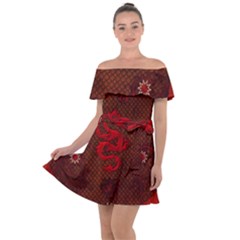 Awesome Chinese Dragon, Red Colors Off Shoulder Velour Dress