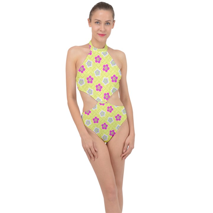 Traditional Patterns Plum Halter Side Cut Swimsuit