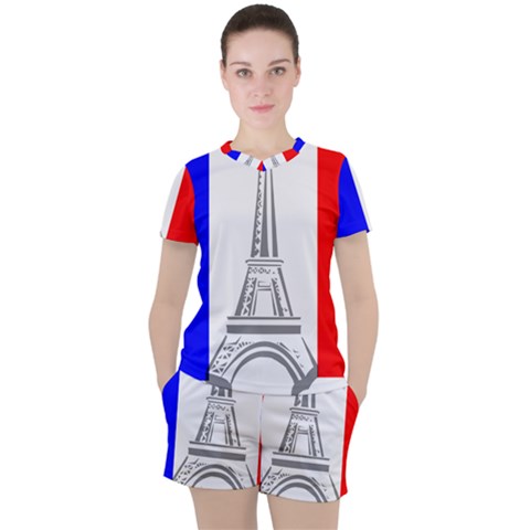 Eiffel Tower France Flag Tower Women s Tee And Shorts Set by Sudhe