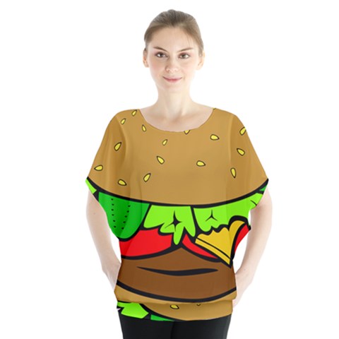 Hamburger Cheeseburger Fast Food Batwing Chiffon Blouse by Sudhe