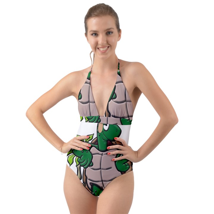 Amphibian Animal Cartoon Reptile Halter Cut-Out One Piece Swimsuit