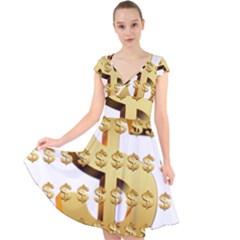 Dollar Money Gold Finance Sign Cap Sleeve Front Wrap Midi Dress