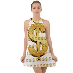 Dollar Money Gold Finance Sign Halter Tie Back Chiffon Dress by Mariart