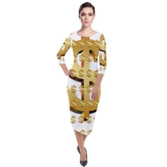 Dollar Money Gold Finance Sign Quarter Sleeve Midi Velour Bodycon Dress