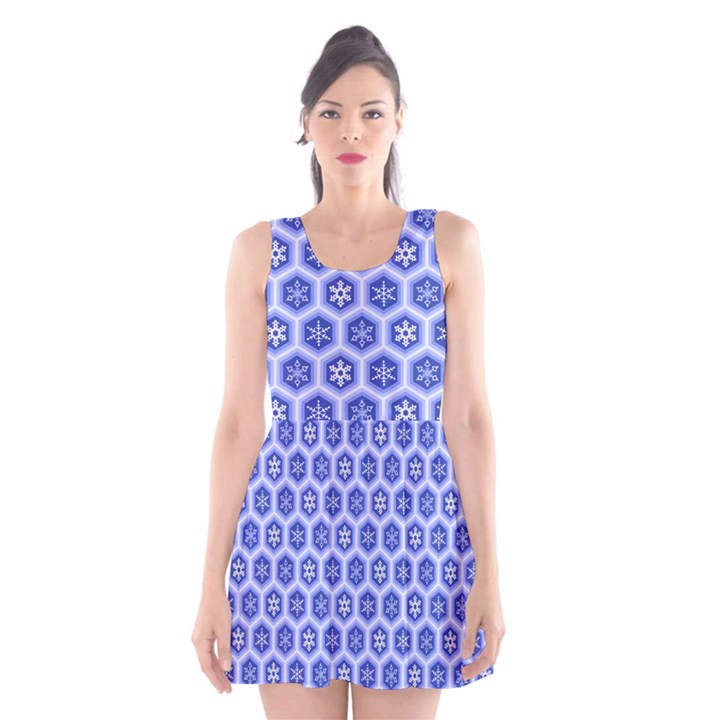 Hexagonal Pattern Unidirectional Blue Scoop Neck Skater Dress