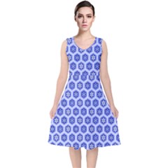 Hexagonal Pattern Unidirectional Blue V-neck Midi Sleeveless Dress  by Mariart