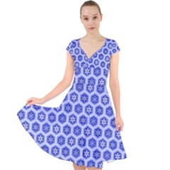 Hexagonal Pattern Unidirectional Blue Cap Sleeve Front Wrap Midi Dress