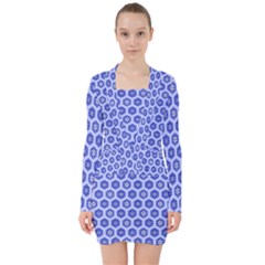 Hexagonal Pattern Unidirectional Blue V-neck Bodycon Long Sleeve Dress